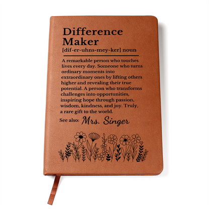 Difference Maker Personalized Journal | Custom Vegan Leather Notebook Mentor Teacher Coach Gift Christmas Appreciation Thank You