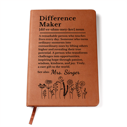 Personalized Difference Maker Journal | Custom Name Vegan Leather Notebook Mentor Teacher Coach Gift Christmas Thank You Appreciation