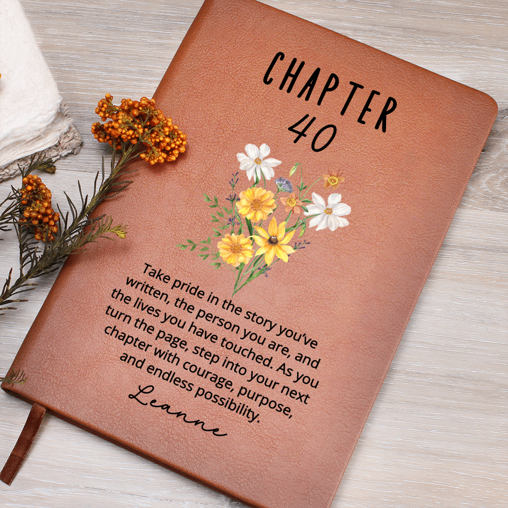 Chapter 40 Birthday Gift for Her – Personalized Name Journal – 40th Milestone Keepsake – Custom Vegan Leather Notebook for Women
