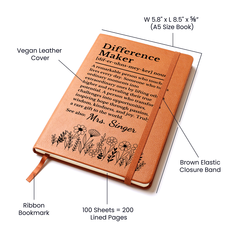 Difference Maker Personalized Journal | Custom Vegan Leather Notebook Mentor Teacher Coach Gift Christmas Appreciation Thank You