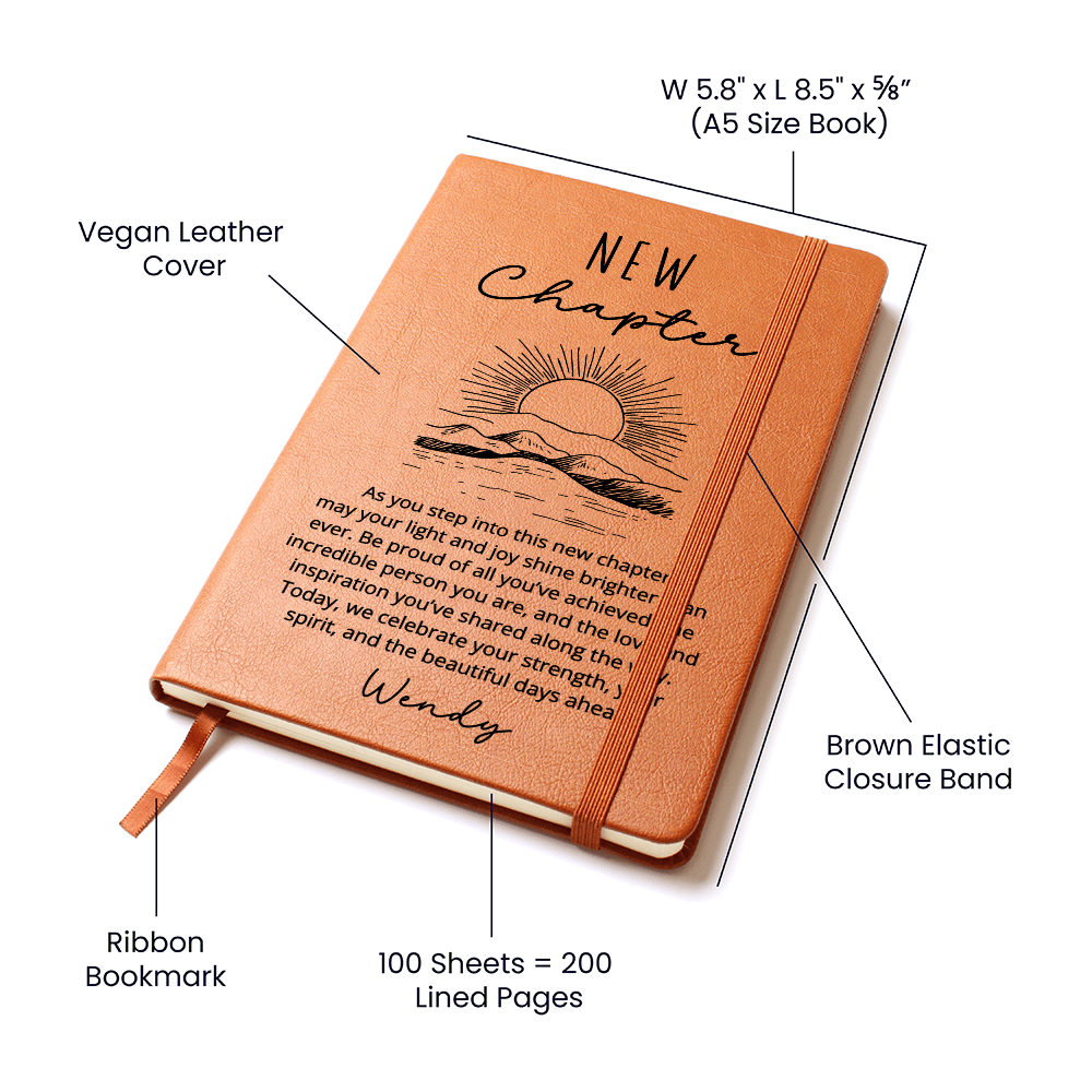 Personalized New Chapter Journal | Custom Name Vegan Leather Notebook, Inspirational Gift for Graduation, Birthday, or Retirement