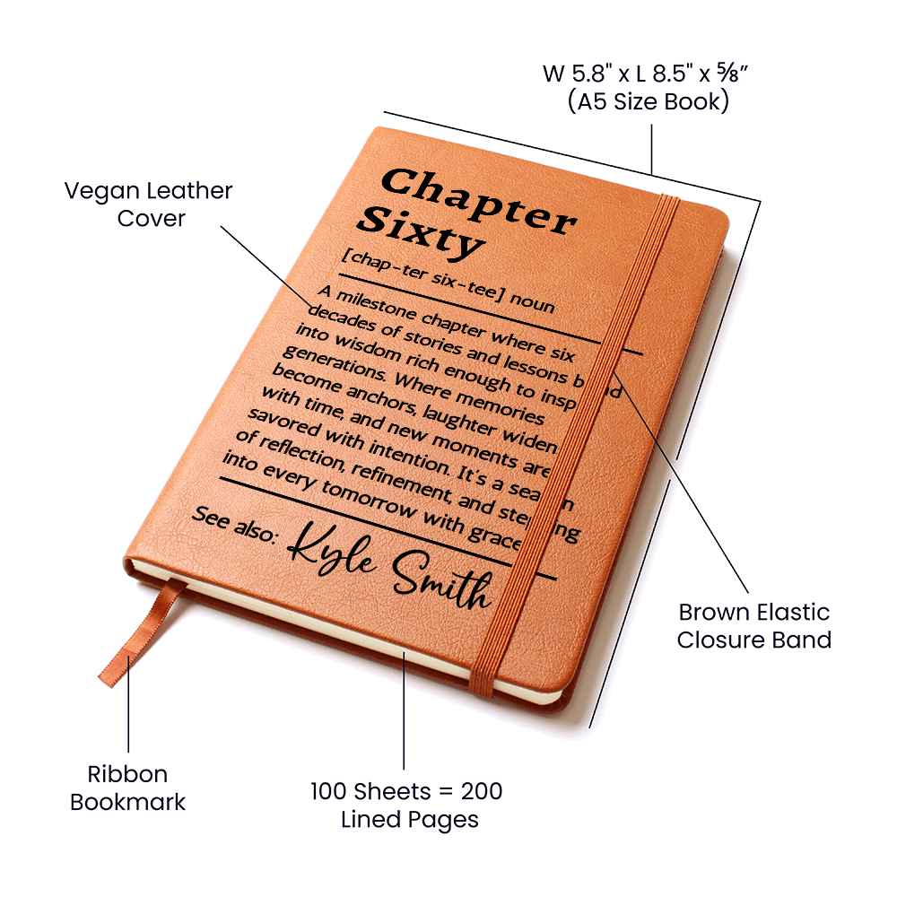 Chapter Sixty 60th Birthday Gift Journal, Personalized Name Keepsake for Her or Him, Custom Milestone Definition Vegan Leather Notebook
