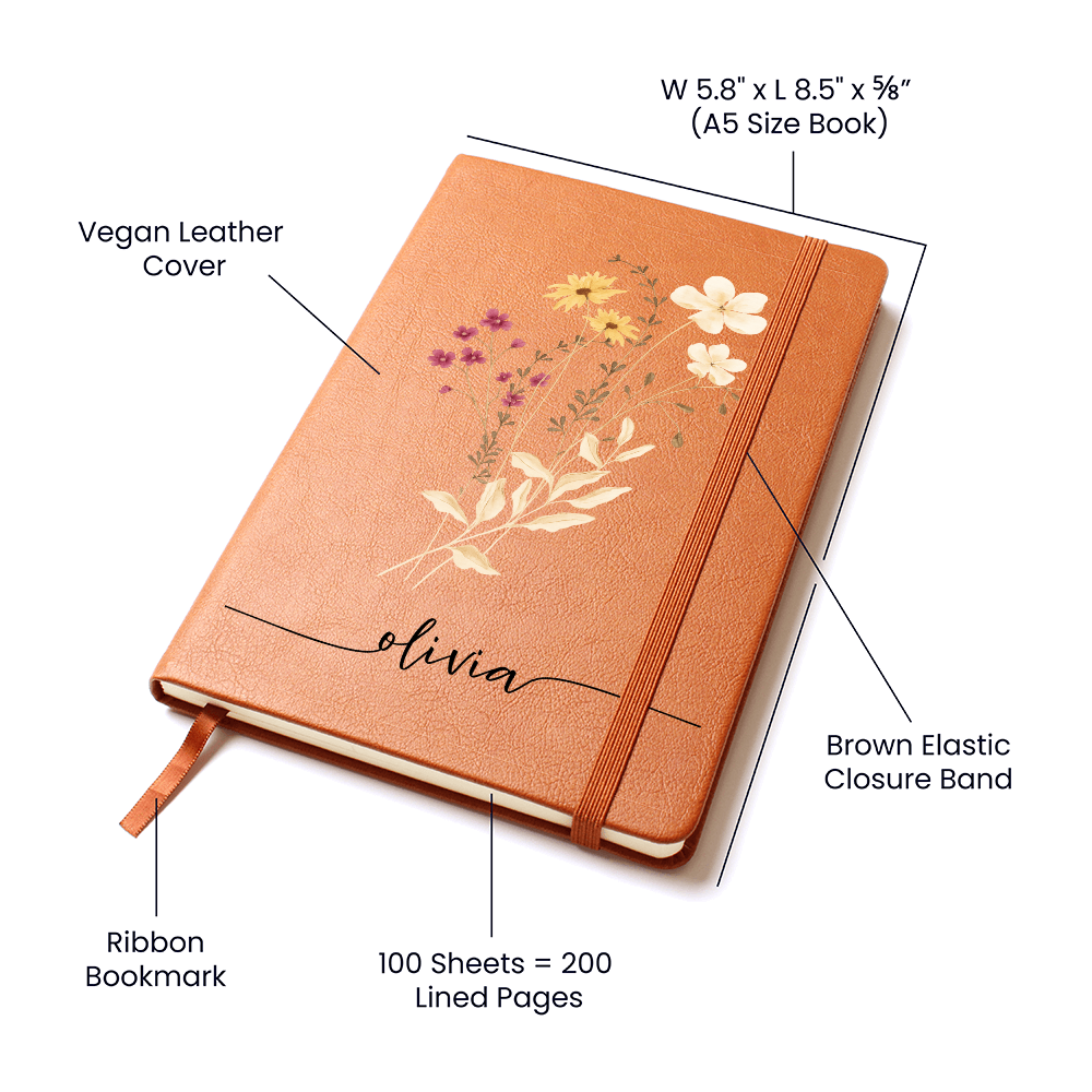 Wildflower Personalized Journal with Name & Date – Custom Floral Notebook Gift for Her, Bridesmaid, Mom, Bride Gratitude Diary for Women
