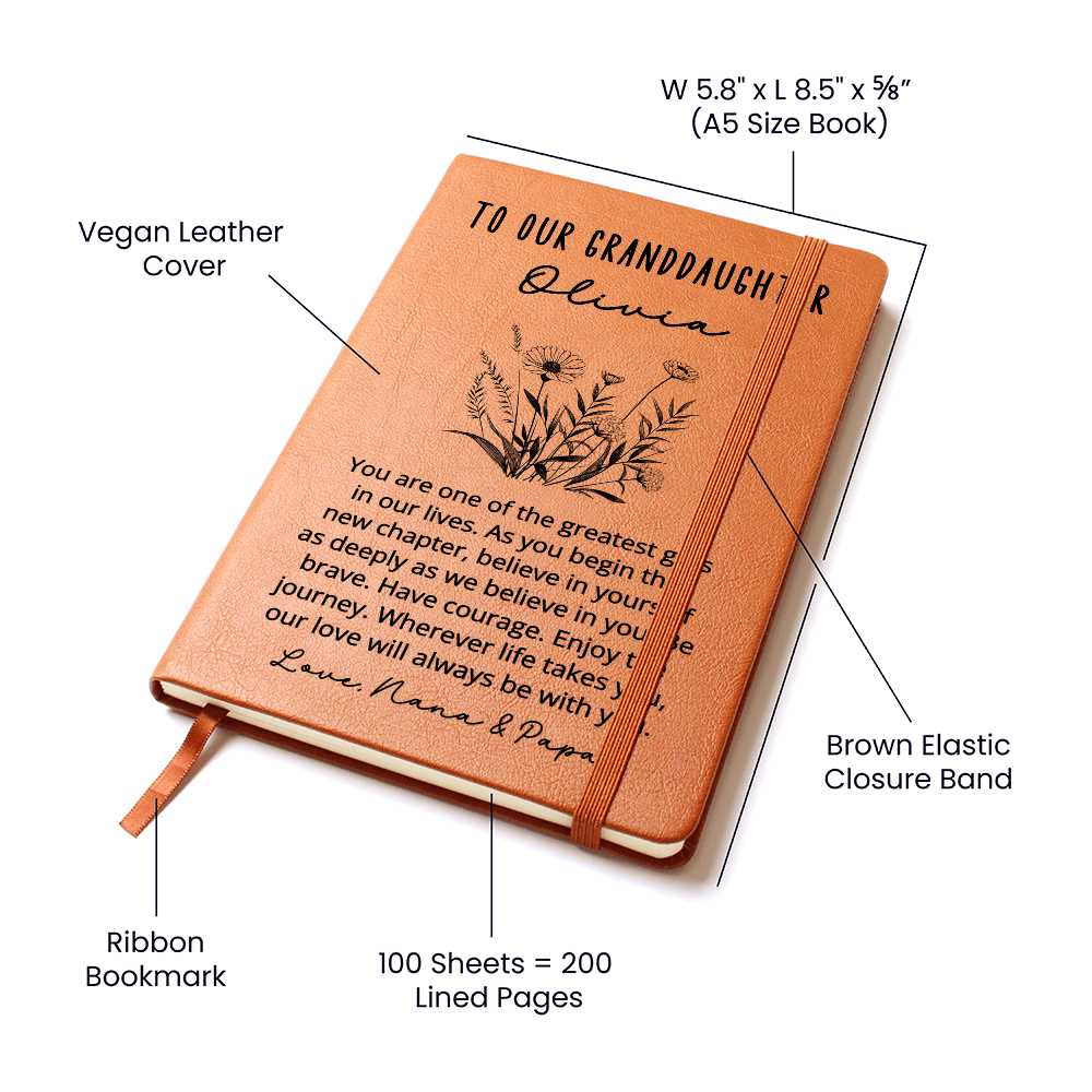 Granddaughter Journal from Grandma and Grandpa • Personalized Birthday Gift • Custom Name Vegan Leather Notebook • Keepsake Gift