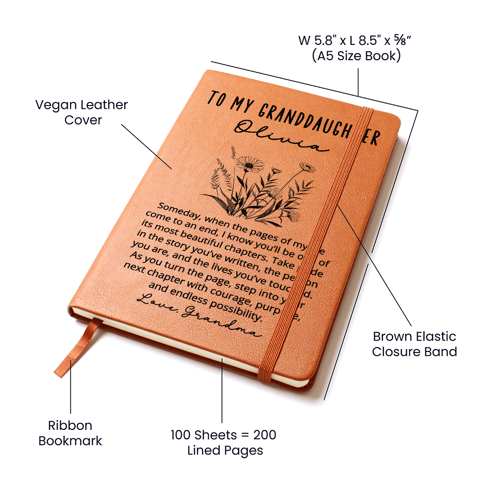 To My Granddaughter Journal – Personalized Christmas Gift from Grandma or Grandpa, Custom Vegan Leather Notebook, Keepsake for Her