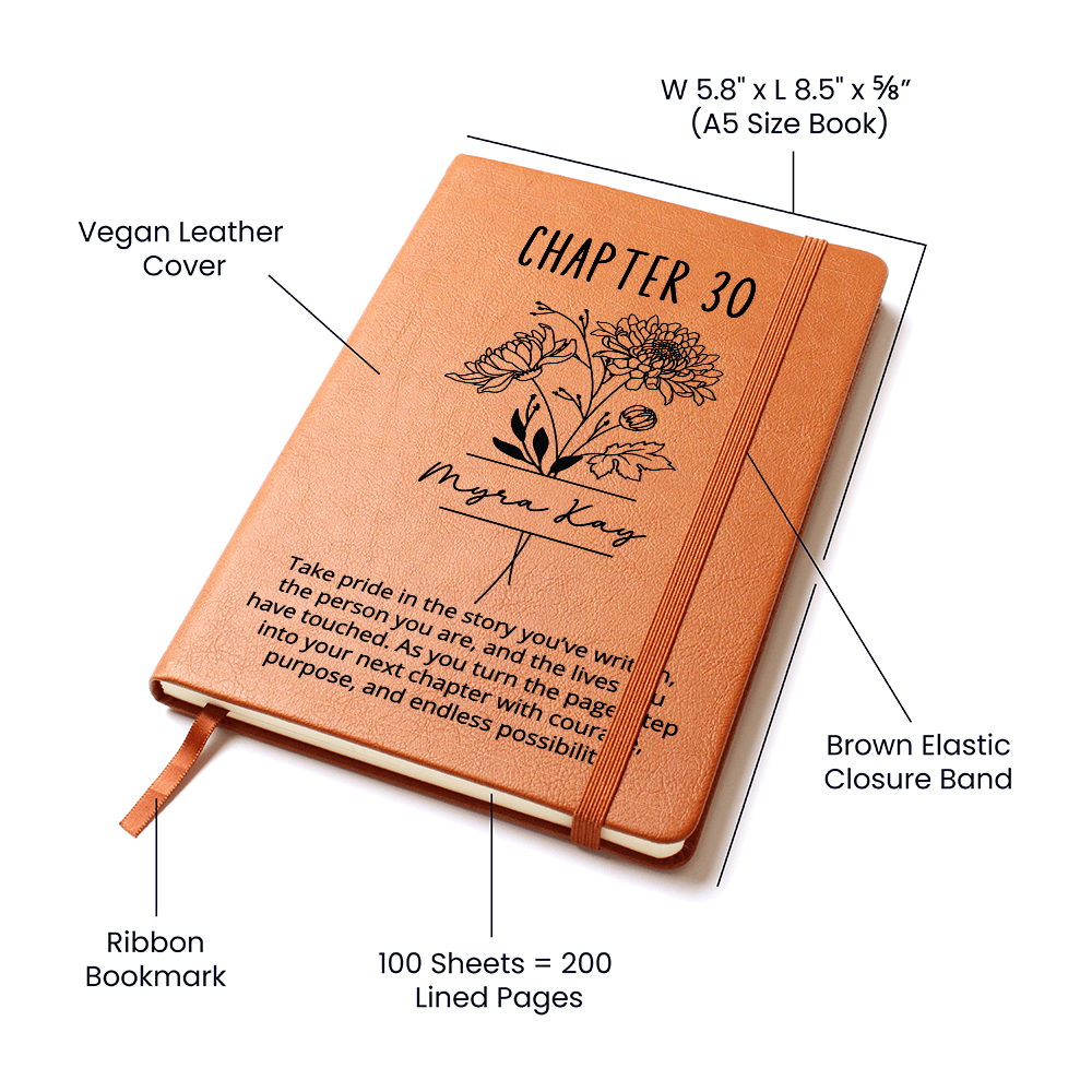 Personalized  Birth Flower 30th Birthday Journal, Custom Name A5 Vegan Leather Notebook, Turning Thirty Gift for Women Mom Sister Best Friend Bestie