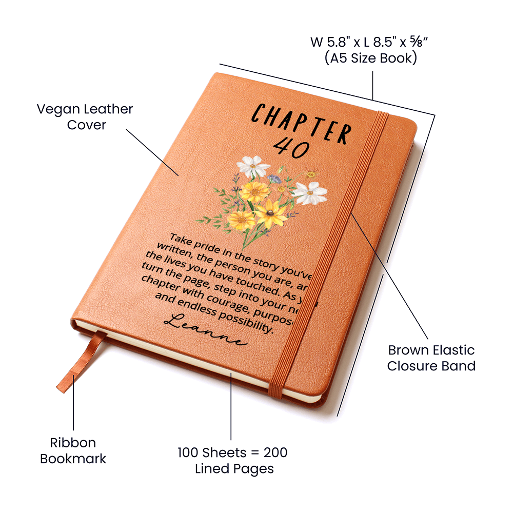 Chapter 40 Birthday Gift for Her – Personalized Name Journal – 40th Milestone Keepsake – Custom Vegan Leather Notebook for Women