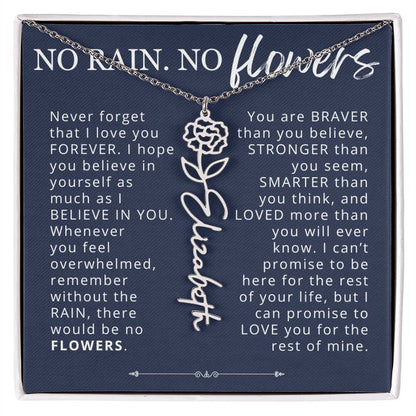 No Rain No Flowers Birth Flower Name Necklace Encouragement Gift for Daughter