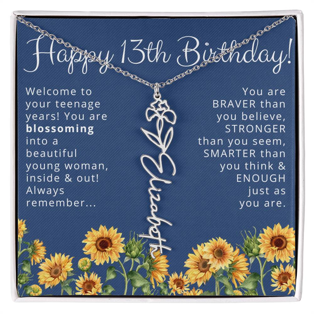 Personalized 13th Birthday Birth Flower Name Necklace