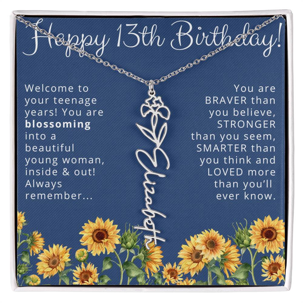 13th Birthday Gift for Her Floral Name Necklace