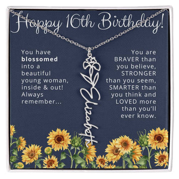 16th Birthday Gift for Her Custom Birth Flower Name Necklace