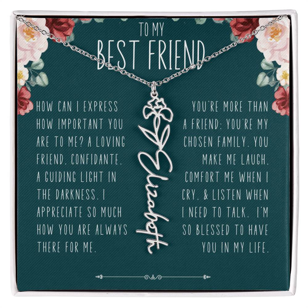 Best Friend Gift Birth Flower Name Necklace Jewelry, Long Distance, Quotes, Friends Forever, Bonus Sister Birthday Gift BFF Cousin Besties