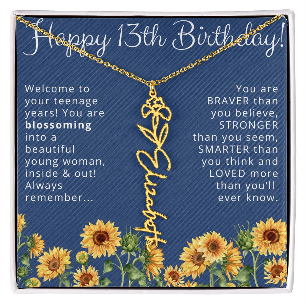 13th Birthday Gift for Her Floral Name Necklace