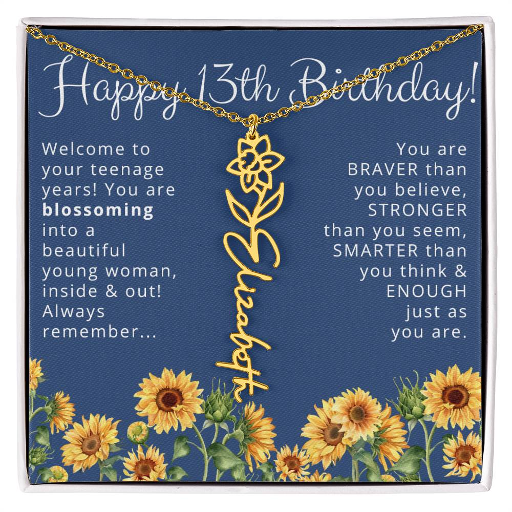 Personalized 13th Birthday Birth Flower Name Necklace