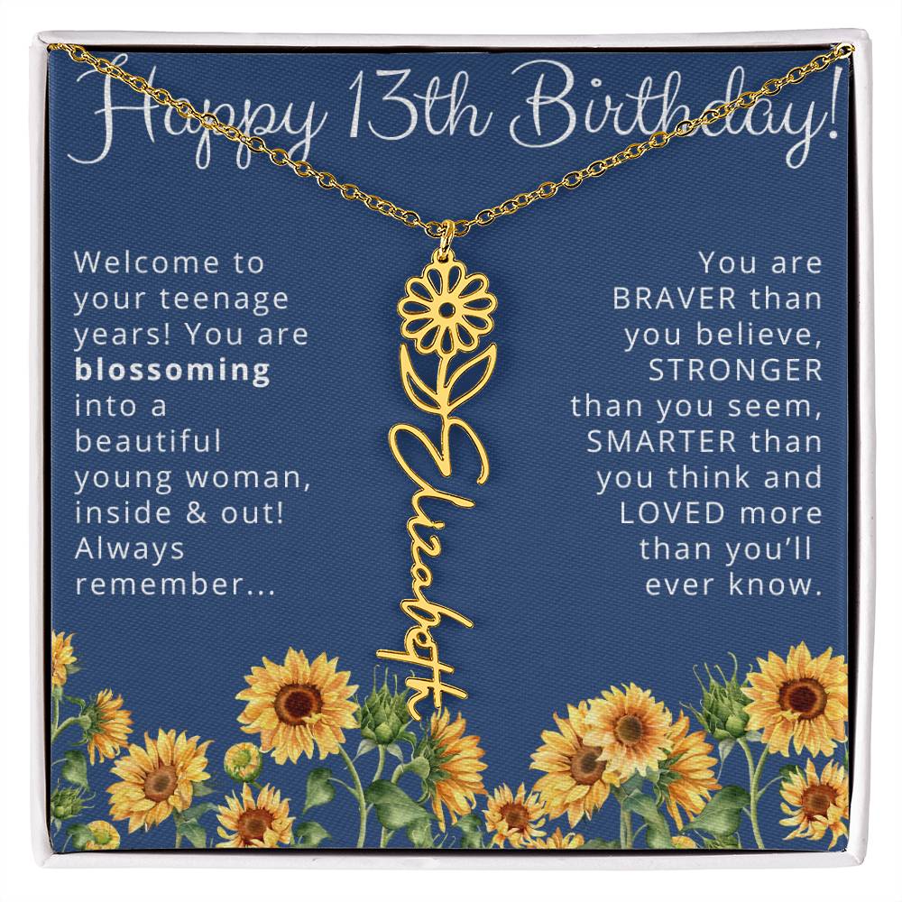 13th Birthday Gift for Her Floral Name Necklace