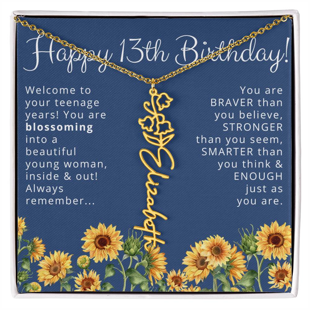 Personalized 13th Birthday Birth Flower Name Necklace