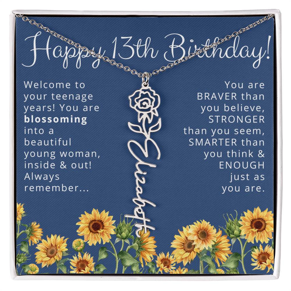 Personalized 13th Birthday Birth Flower Name Necklace