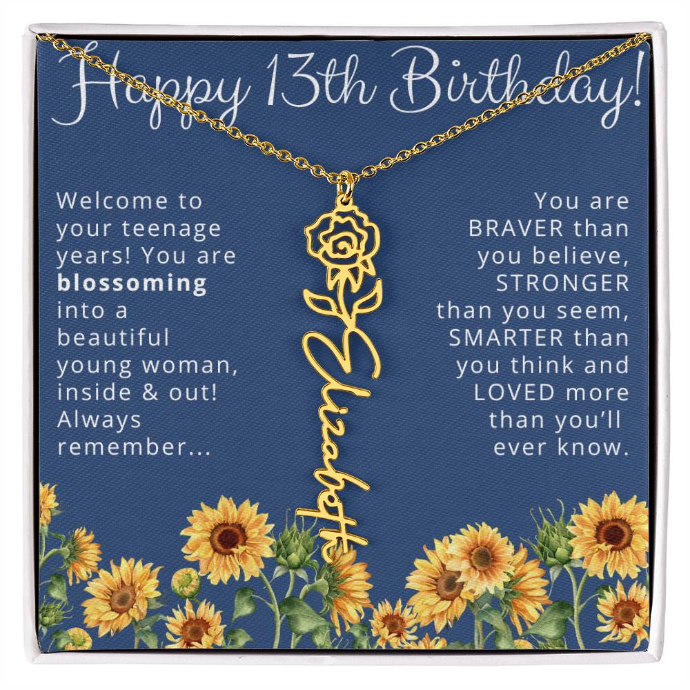 13th Birthday Gift for Her Floral Name Necklace