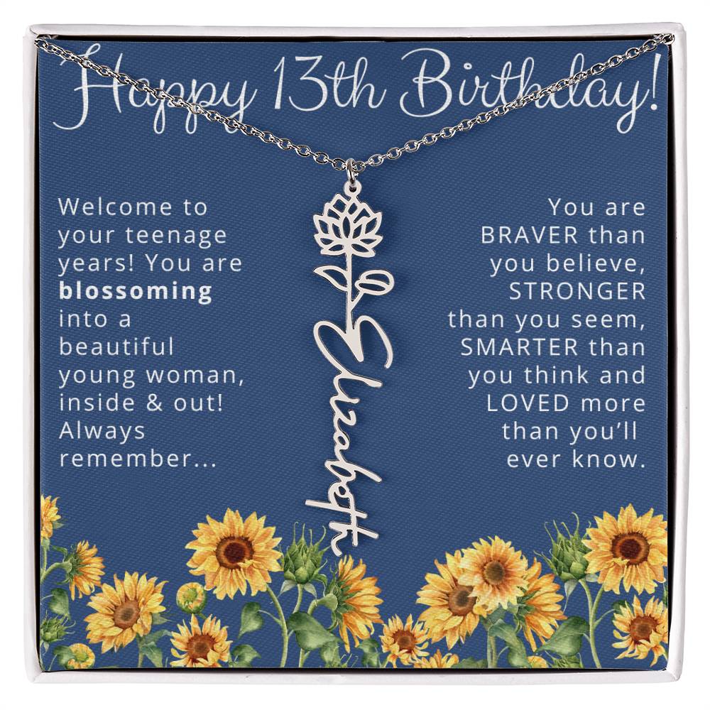 13th Birthday Gift for Her Floral Name Necklace