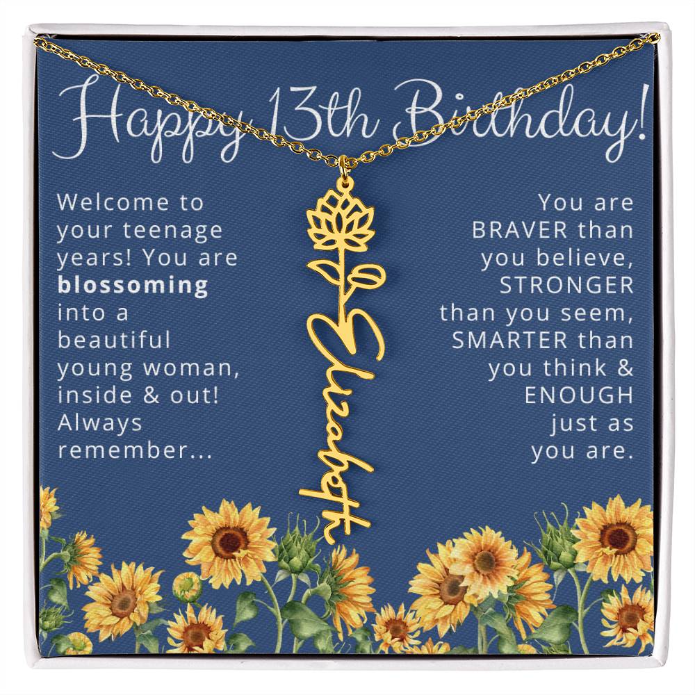 Personalized 13th Birthday Birth Flower Name Necklace