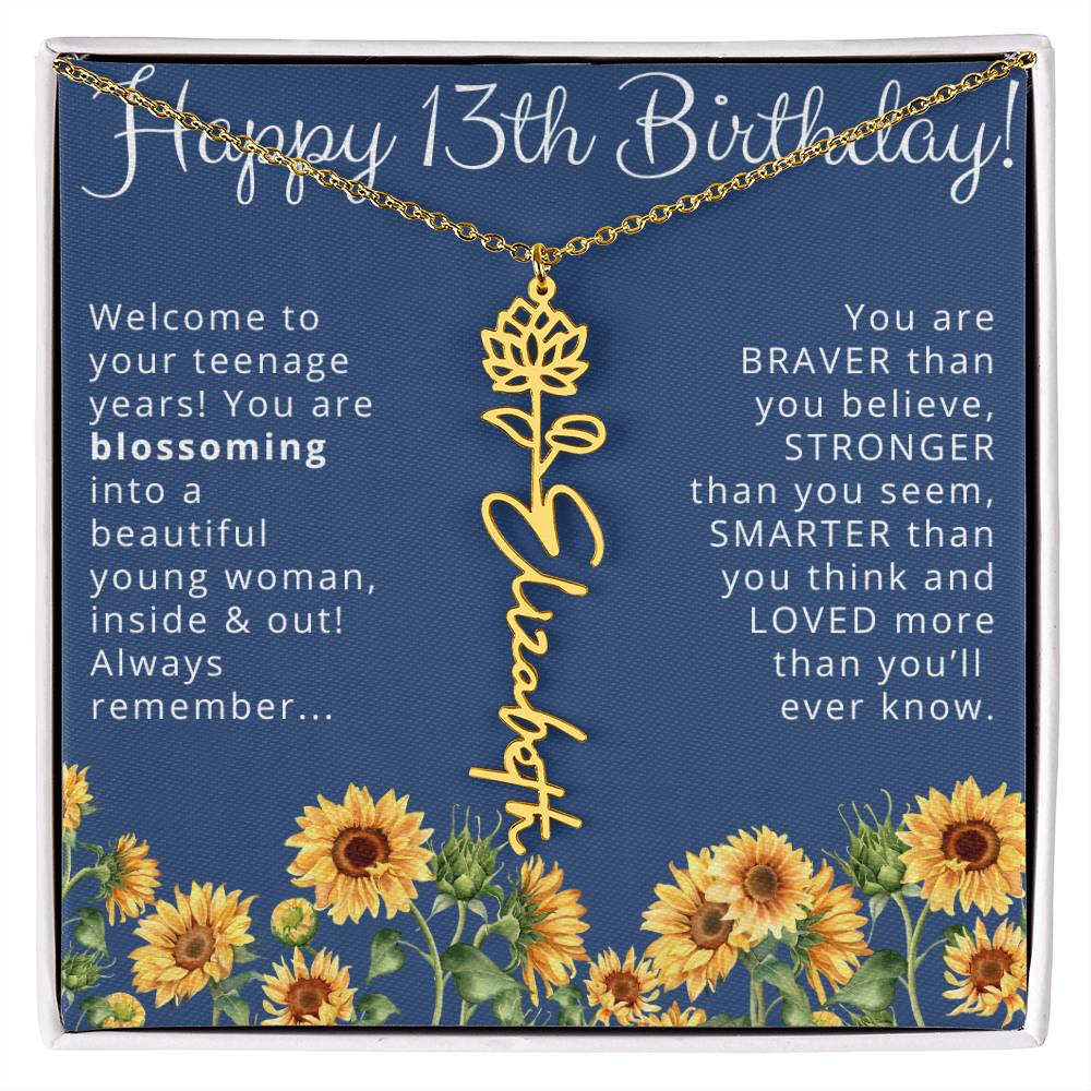 13th Birthday Gift for Her Floral Name Necklace