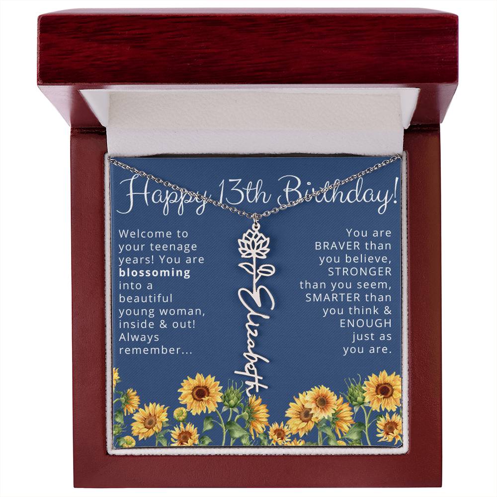 Personalized 13th Birthday Birth Flower Name Necklace