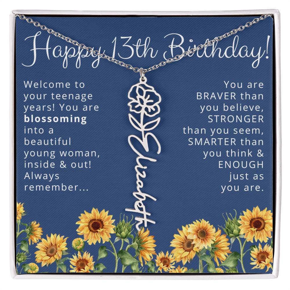 Personalized 13th Birthday Birth Flower Name Necklace