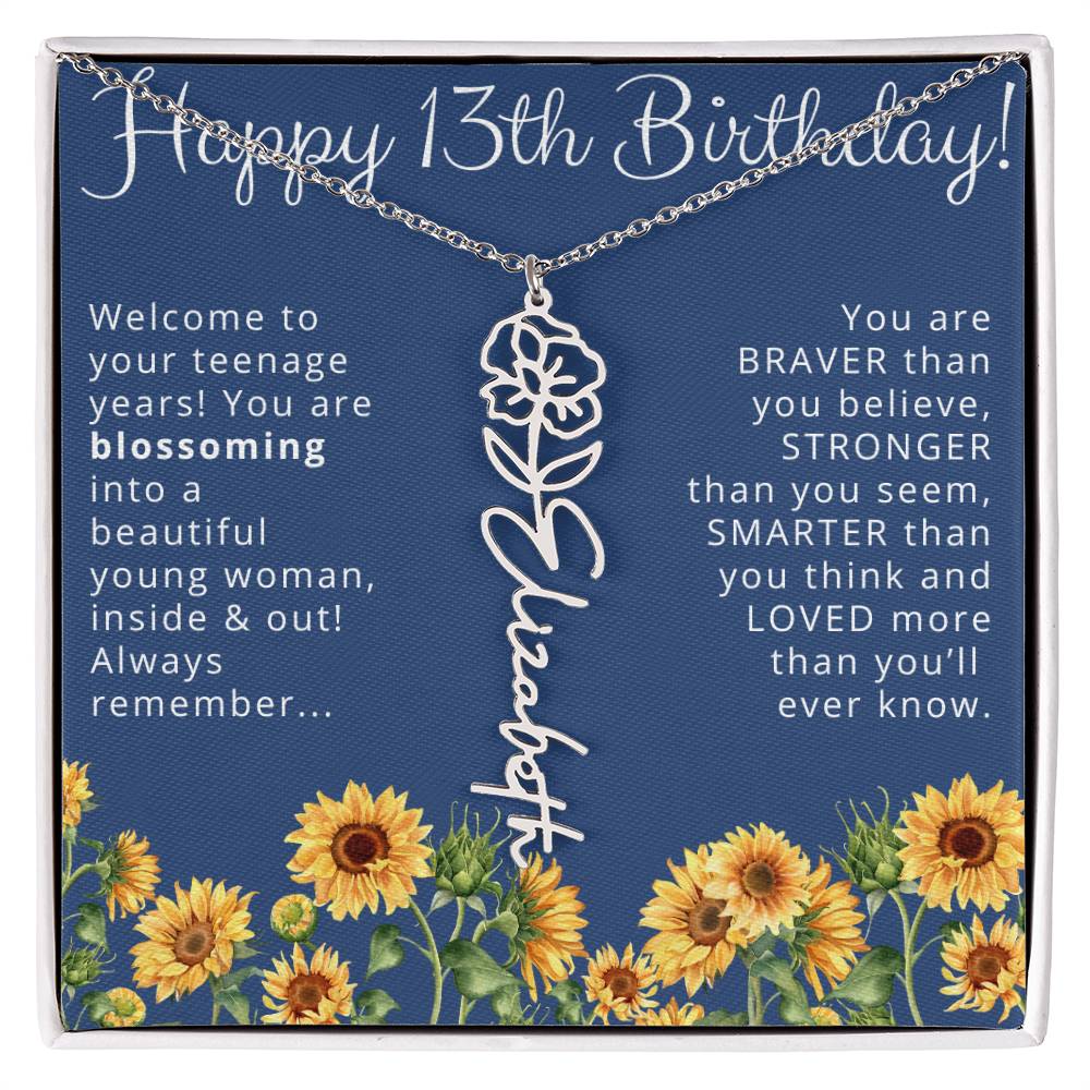 13th Birthday Gift for Her Floral Name Necklace