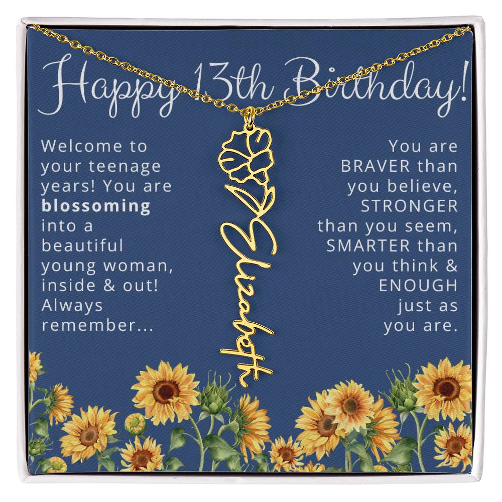 Personalized 13th Birthday Birth Flower Name Necklace