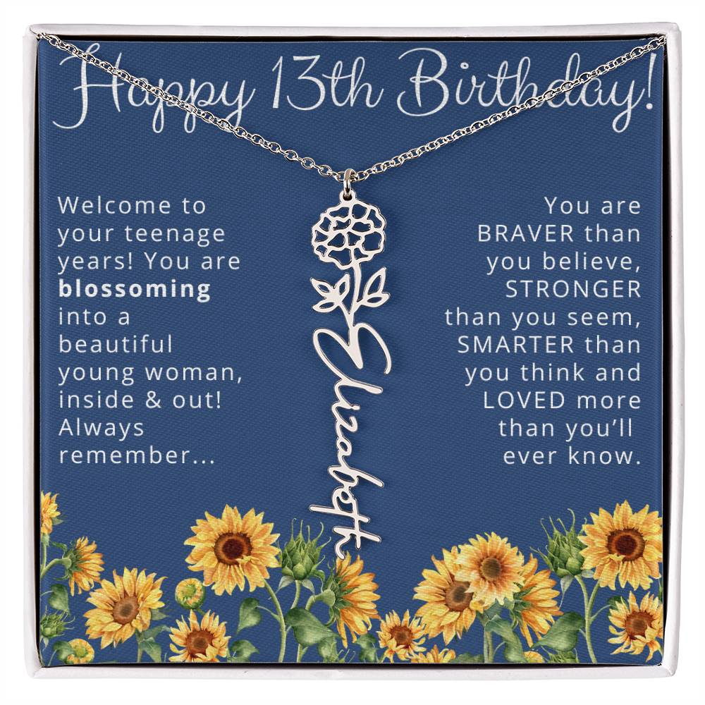 13th Birthday Gift for Her Floral Name Necklace