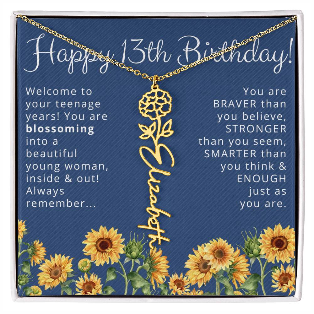 Personalized 13th Birthday Birth Flower Name Necklace