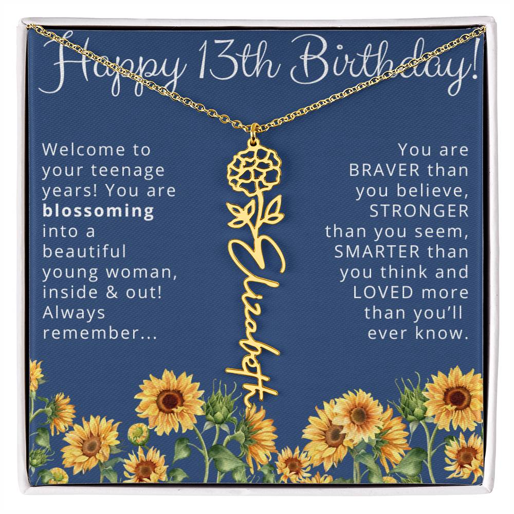 13th Birthday Gift for Her Floral Name Necklace