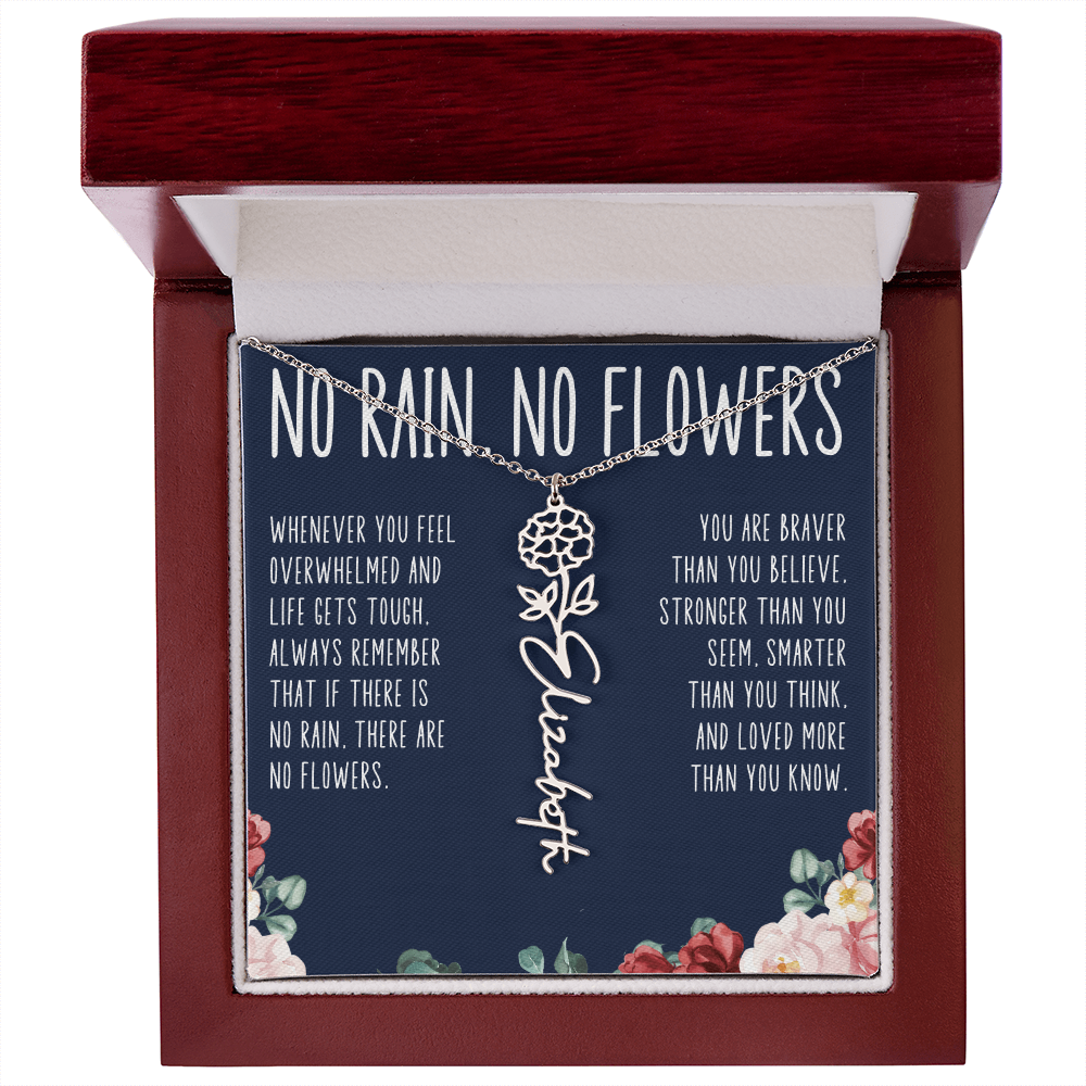 No Rain No Flowers Personalized Birth Flower Name Necklace