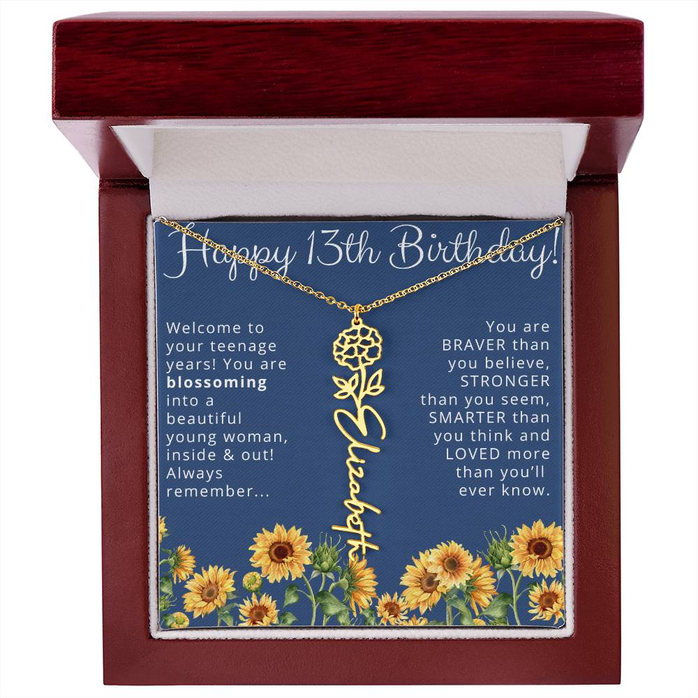 13th Birthday Gift for Her Floral Name Necklace