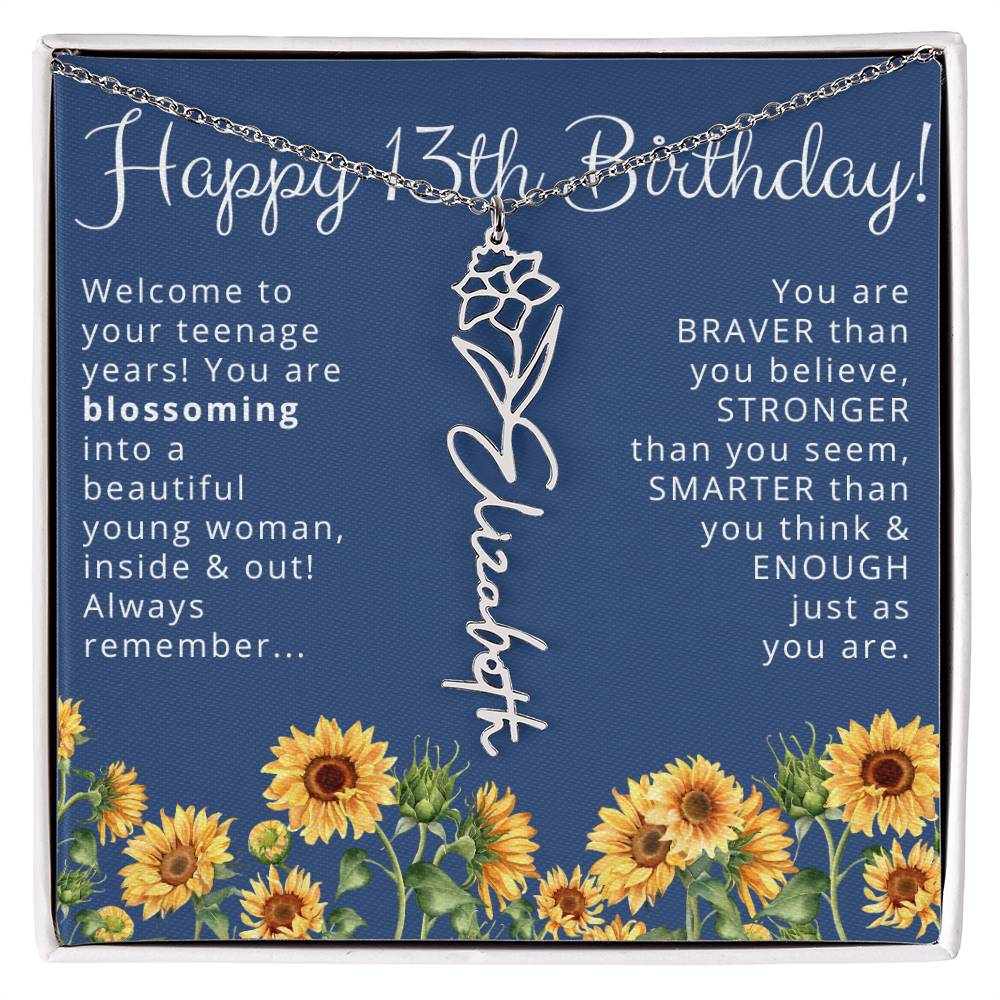 Personalized 13th Birthday Birth Flower Name Necklace