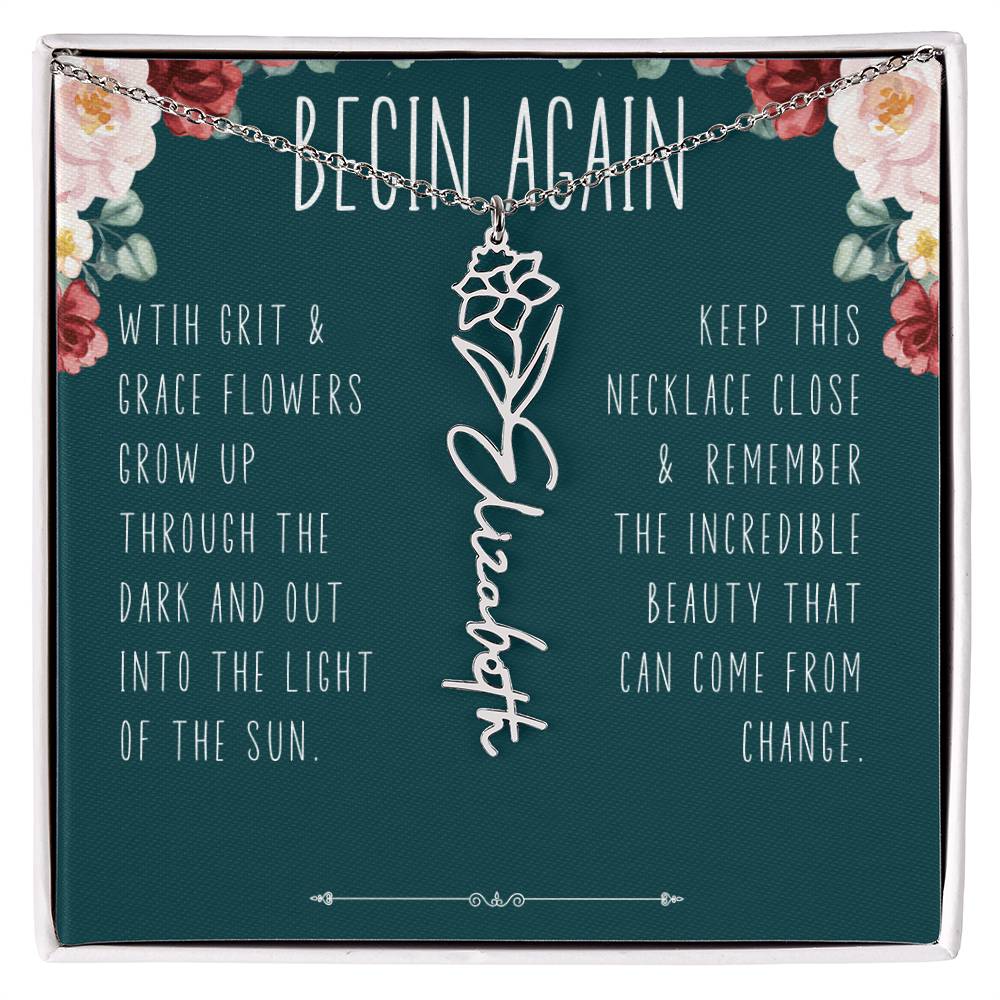 Begin Again Personalized Birth Flower Name Necklace Encouragement Gift for Her