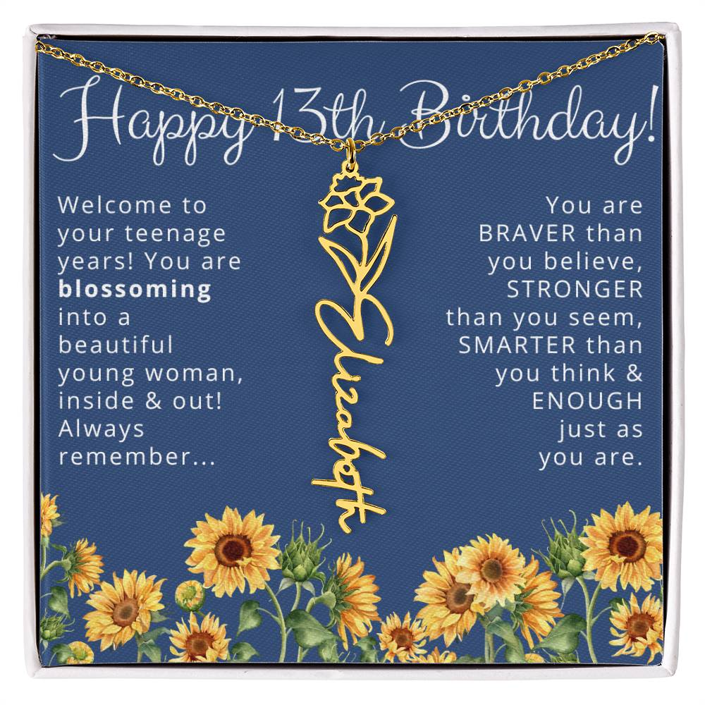 Personalized 13th Birthday Birth Flower Name Necklace