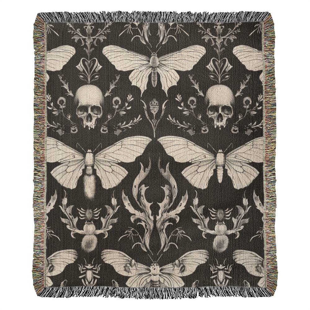 Luna Moths Throw Blanket | 100% Cotton | Jacquard Blanket with Fringed Edge | Tapestry | Woven in the USA