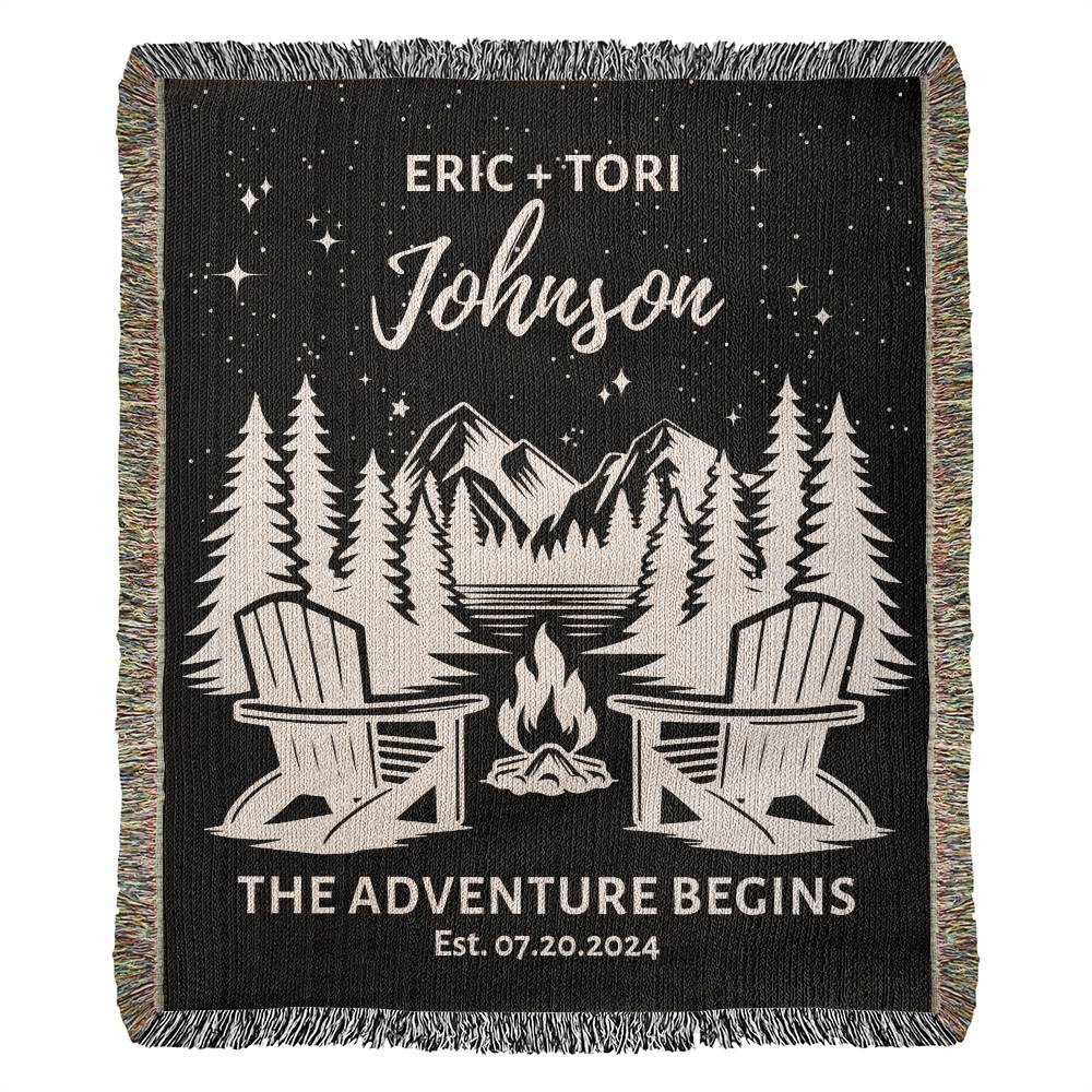 Engagement Gift For Nature Lovers, Camping Gift For Couples, Personalized His & Hers Initial Blanket, The Adventure Begins Cotton Anniversary Gift