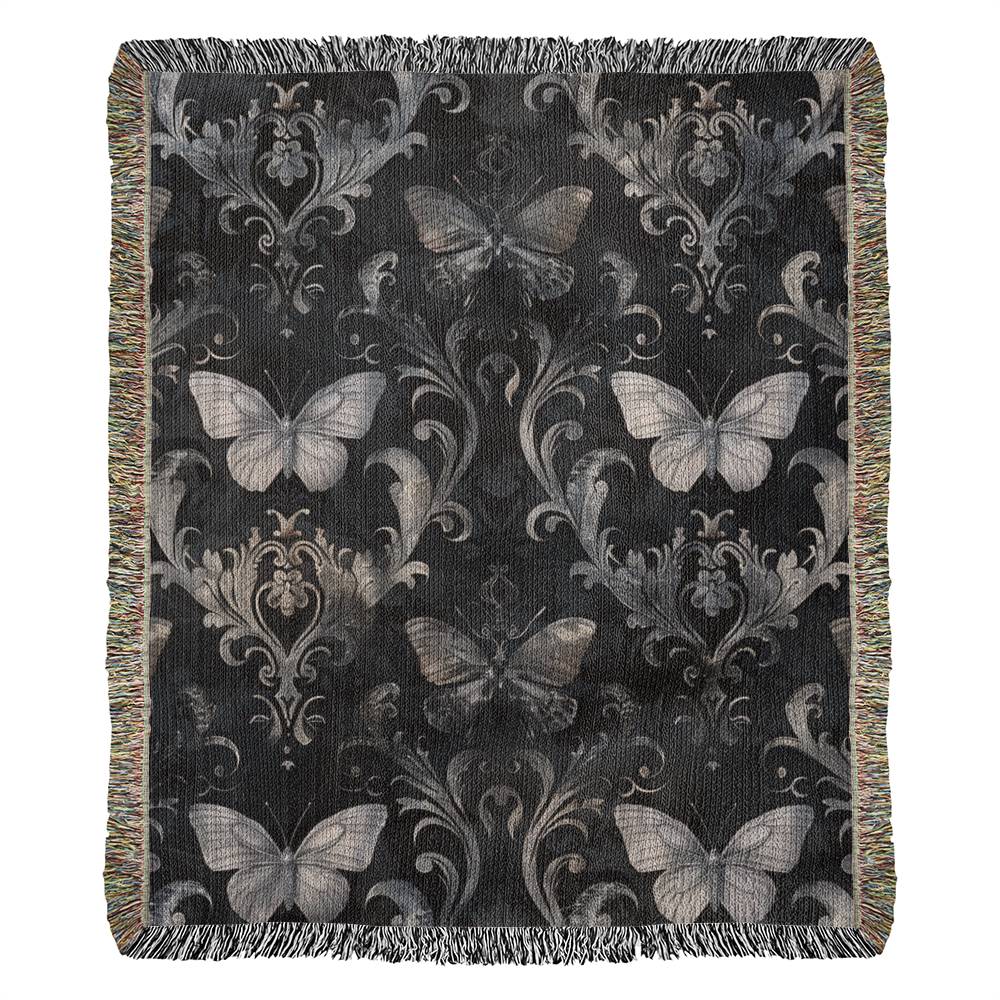 Luna Moths Throw Blanket | 100% Cotton | Jacquard Blanket with Fringed Edge | Gothic Tapestry | Woven in the USA