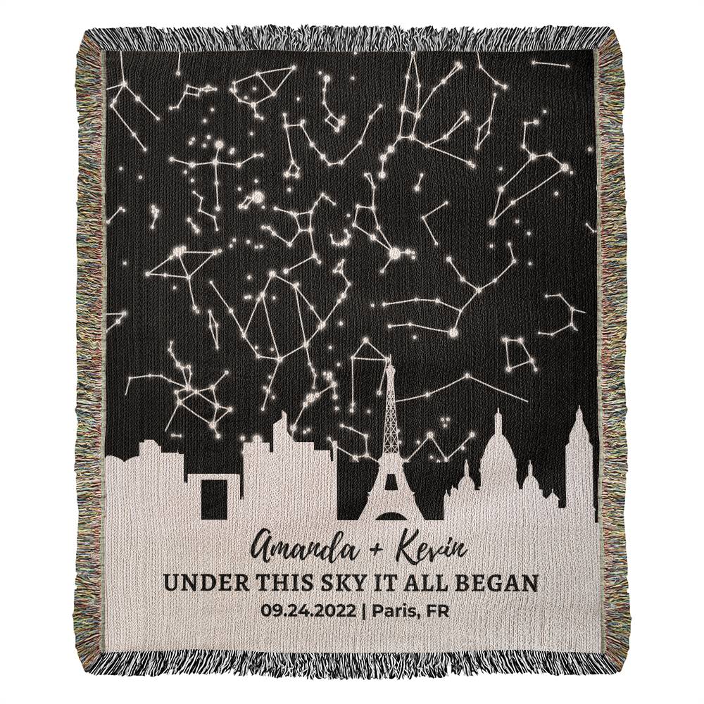 Personalized Anniversary Star Map Blanket - Custom Cotton Heirloom Gift for Christmas, Weddings, Birthdays – 100% Cotton Woven Blanket with City Skyline Design