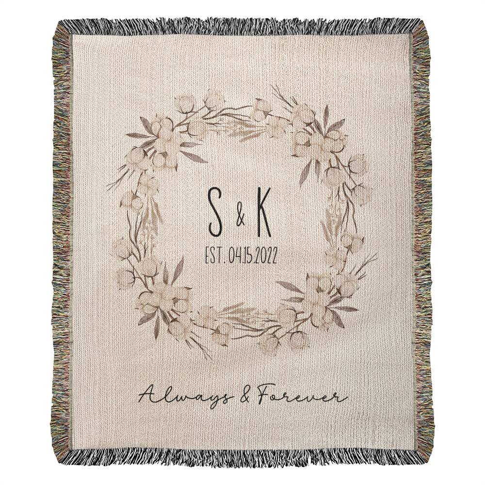 Cotton Anniversary Gift, Personalized His & Hers Initial Blanket, Engagement Gift For Couple, Wild Flowers Wreath Wedding Jacquard Blanket