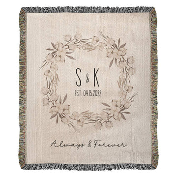 Cotton Anniversary Gift, Personalized His & Hers Initial Blanket, Engagement Gift For Couple, Wild Flowers Wreath Wedding Jacquard Blanket