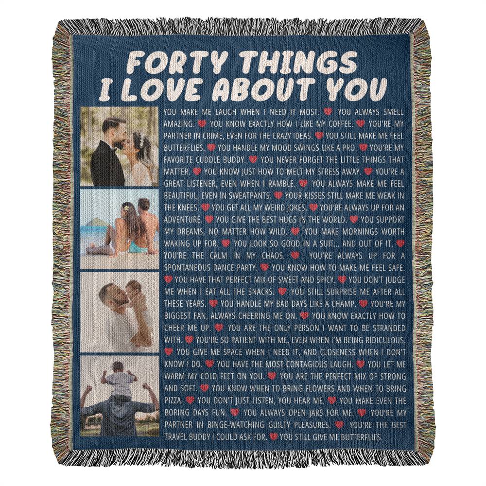 Personalized 40th Birthday or Anniversary Cotton Blanket - 40 Reasons I Love You Gift w/ Custom Text & Photos - Unique Keepsake Throw Blanket