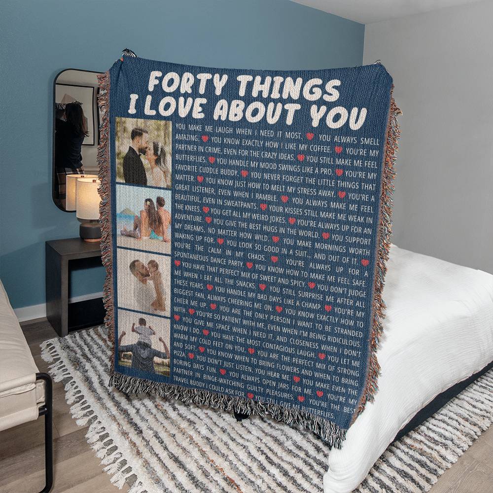 Personalized 40th Birthday or Anniversary Cotton Blanket - 40 Reasons I Love You Gift w/ Custom Text & Photos - Unique Keepsake Throw Blanket