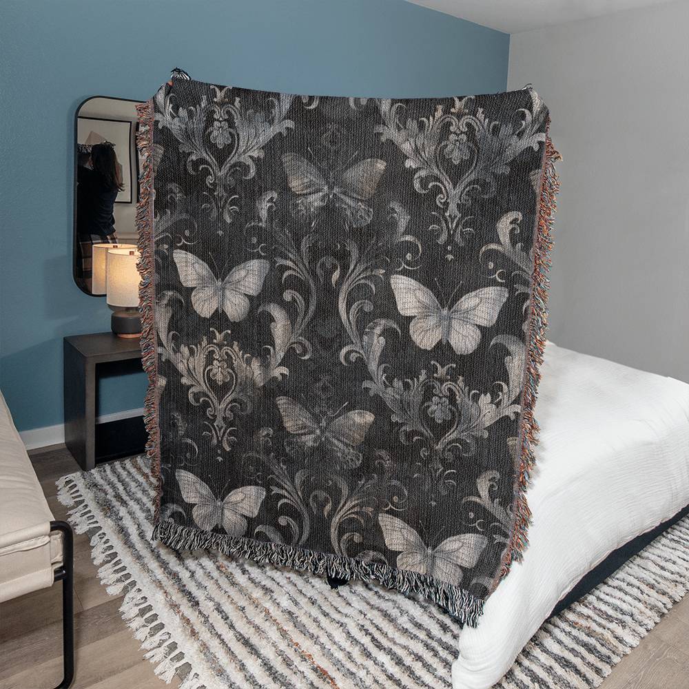 Luna Moths Throw Blanket | 100% Cotton | Jacquard Blanket with Fringed Edge | Gothic Tapestry | Woven in the USA