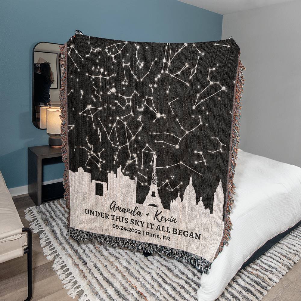 Personalized Anniversary Star Map Blanket - Custom Cotton Heirloom Gift for Christmas, Weddings, Birthdays – 100% Cotton Woven Blanket with City Skyline Design
