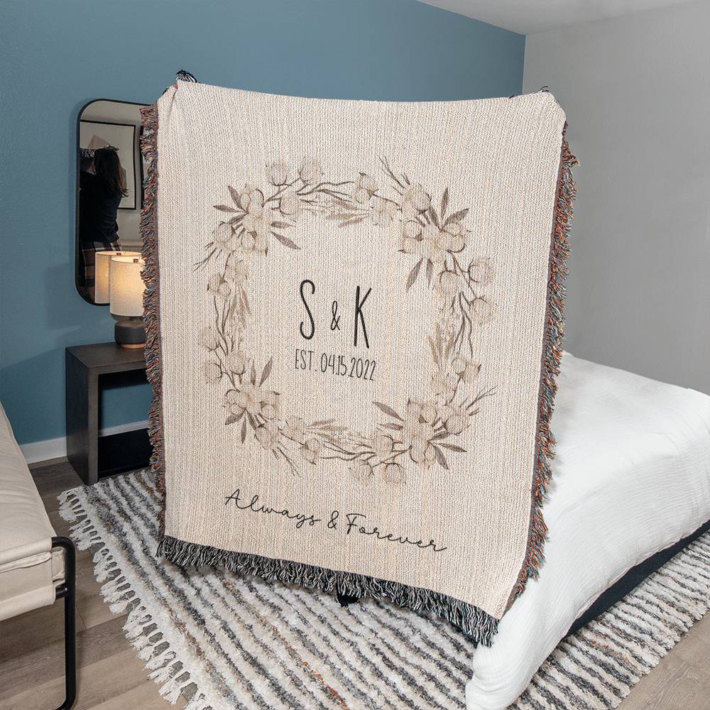 Cotton Anniversary Gift, Personalized His & Hers Initial Blanket, Engagement Gift For Couple, Wild Flowers Wreath Wedding Jacquard Blanket