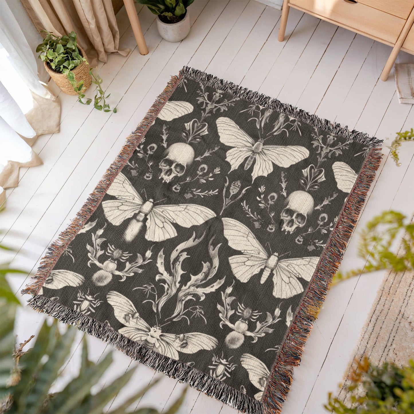 Luna Moths Throw Blanket | 100% Cotton | Jacquard Blanket with Fringed Edge | Tapestry | Woven in the USA