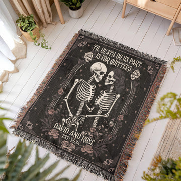 New Custom Couple Personalized Skeleton Woven Blanket For Couples Custom Goth Spooky Halloween Gifts Skeletons Valentine's Day